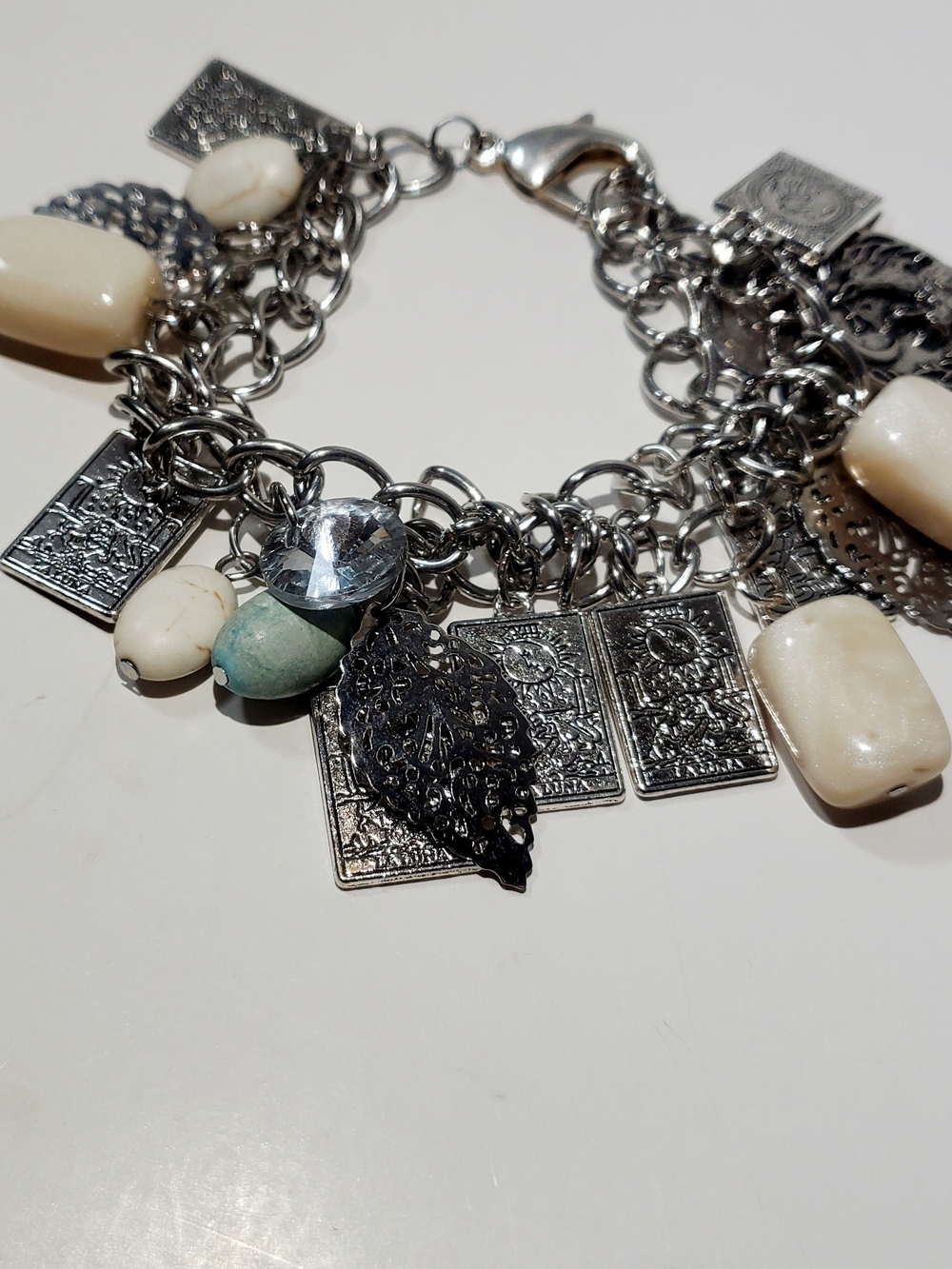 Silver Charm Bracelet with Cream and Aqua Beads, Handcrafted, One Of A Kind